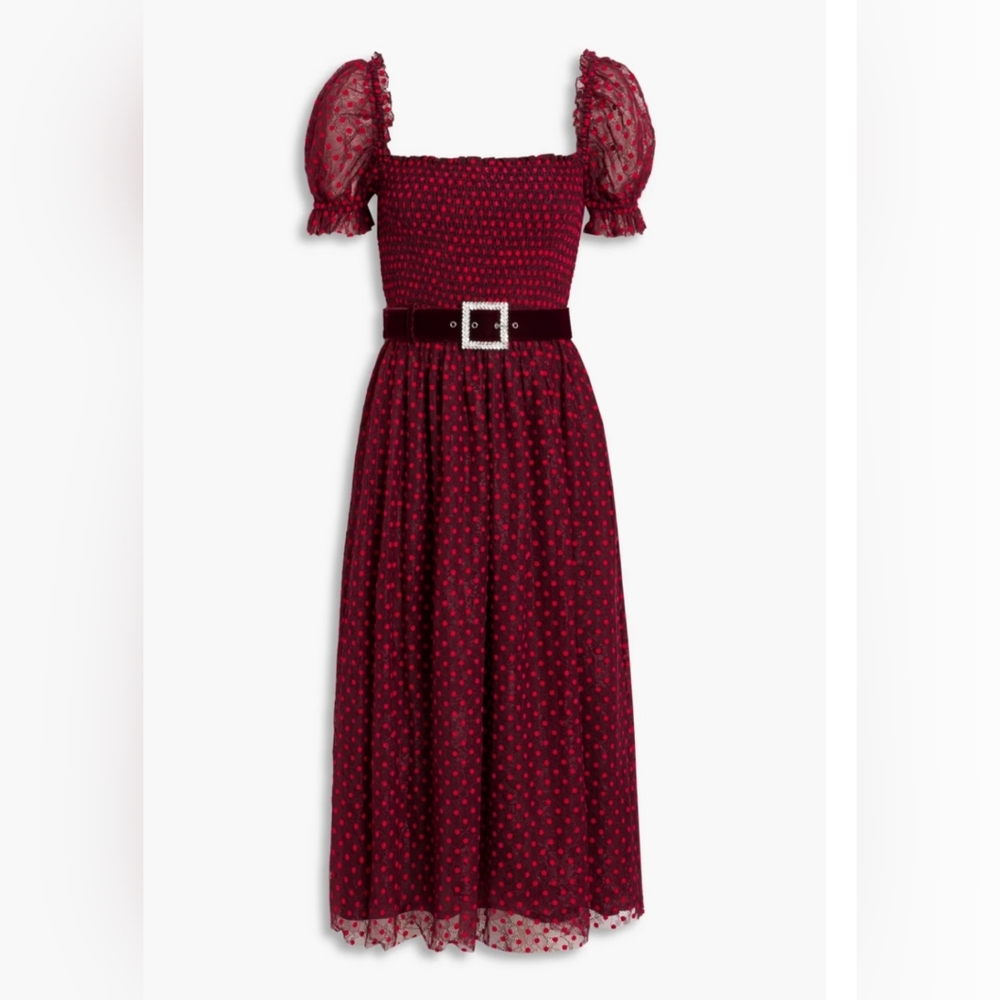 Red Flocked Polka Dot Midi Dress Velvet Belt Puff Sleeve Party Dress S - Picture 3 of 8